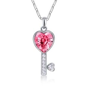 Key Rhinestone Pink Heart Pendant Chain Necklace